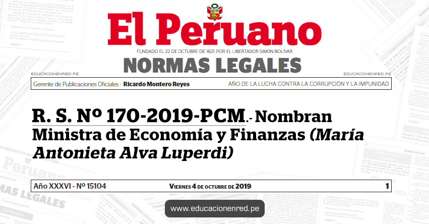 R. S. Nº 170-2019-PCM.- Nombran Ministra de Economía y Finanzas (María Antonieta Alva Luperdi)