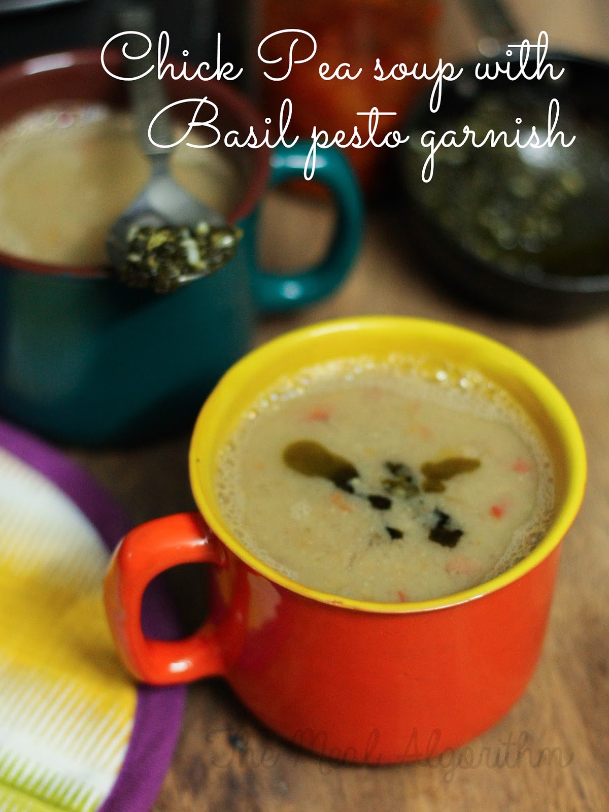 Chick pea soup with basil pesto garnish