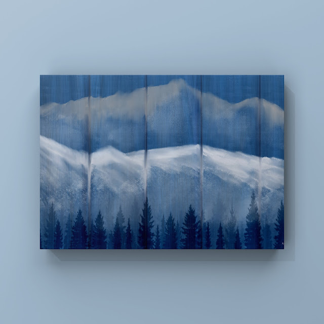 Mountain scene digitally painted on a fence panel