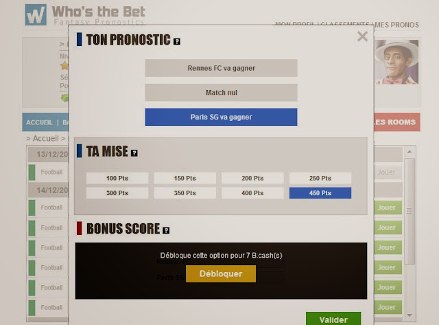 Option Bonus Score dans le jeu de pronostics sportifs gratuit Who's the Bet