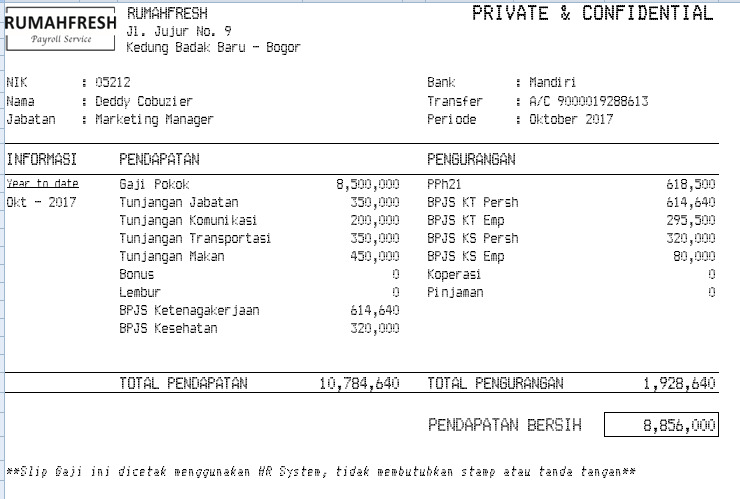 Templte excel slip gaji RUMAHFRES + BPJS dan PPH21 27Juni 