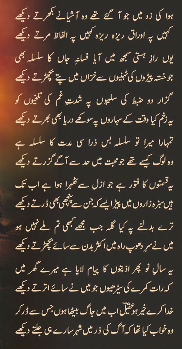 Urdu Ghazal Poetry, Hawa ki zad mein jo aa gaye the woh aasheyany bikharty dekhy,