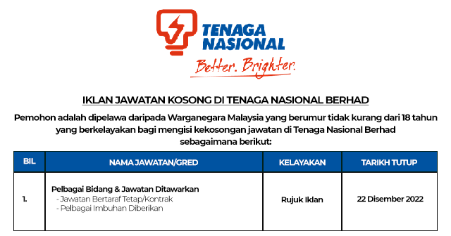 Jawatan Kosong Tenaga Nasional Berhad (TNB)