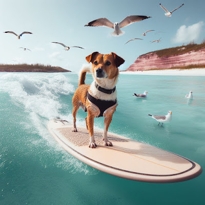 dog surfing on surfboard