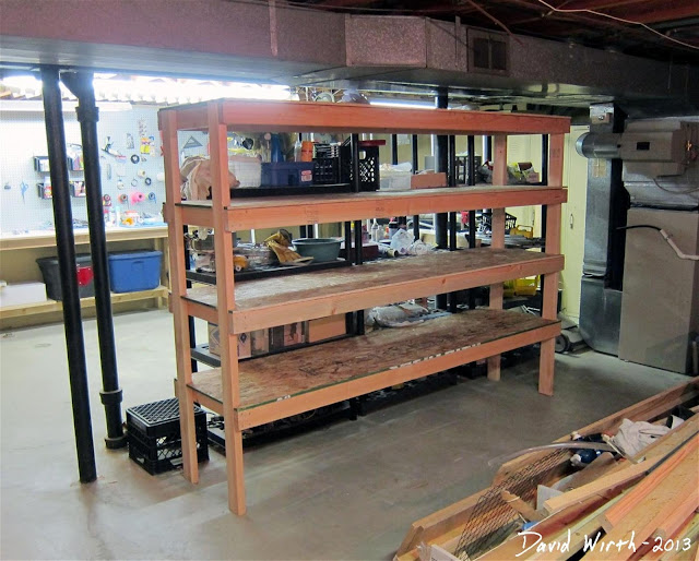 basement shelf, storage, organize, how to make, wood shelf, build 