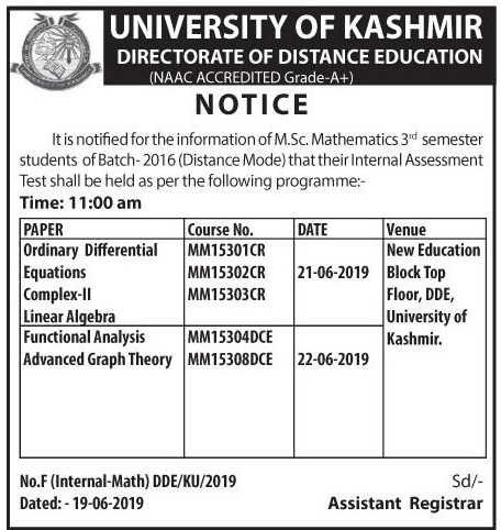 Notification regarding Internal Assessment Test for M.Sc Mathematics 3rd Semester - University of Kashmir