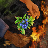 Replacement text:  The picture shows a man holding a burning torch in his hand. A branch with blue berries is visible in the foreground. The background of the painting is dark, which creates a sense of mystery.