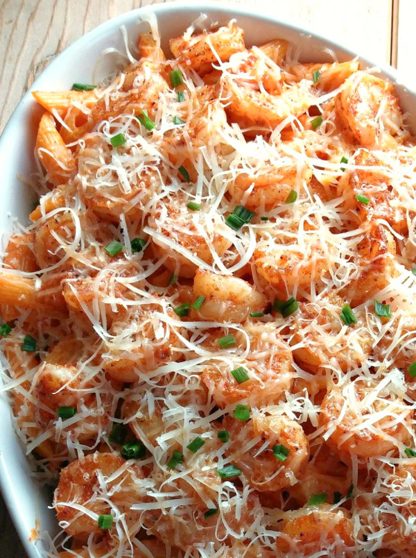 Easy Shrimp with Pasta! An easy pasta recipe with seasoned sauteed shrimp, your favorite pasta sauce and fresh parmesan that's ready in 30 minutes with variations for Primavera, Diablo, Alfredo, Carbonara and Pasta alla Vodka!