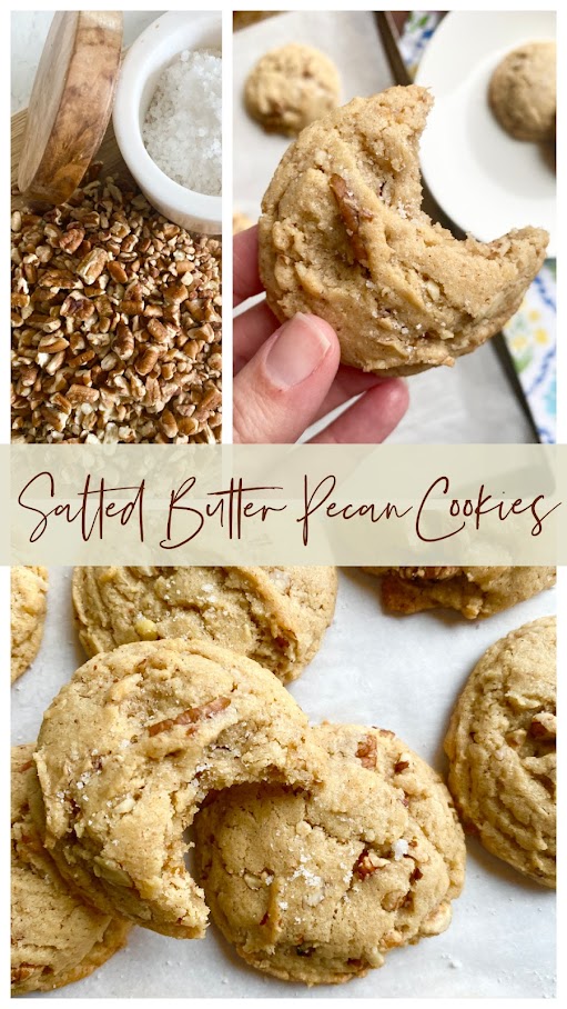 age of salted butter pecan cookies on parchment paper and pecans and sea salt in a crock.