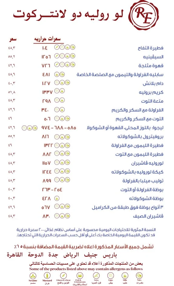 منيو مطعم لو روليه دو لانتركوت