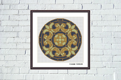 Navy blue vintage mandala cross stitch project - Tango Stitch