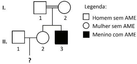 O heredograma a seguir mostra o aparecimento de AME (atrofia muscular espinhal) em um menino, filho de um casal de primos.