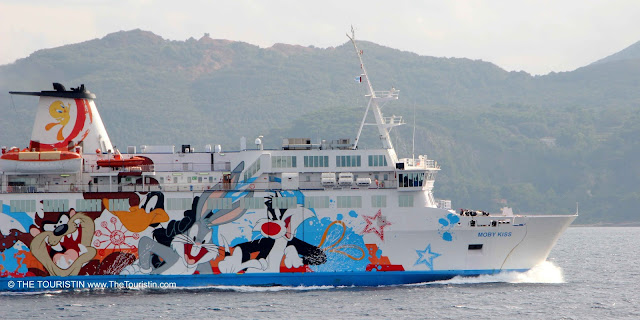 Passenger ferry decorated with comic characters.