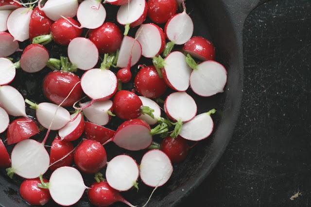 cut radishes in skillet