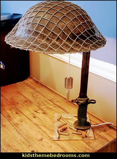 World War 2 bayonet and helmet  table lamp  Army bedroom ideas - Army Room Decor - army bedroom accessories - Military bedrooms camouflage decorating - Marines decor boys army rooms - camo themed rooms - Military Soldier - Uncle Sam Military home decor - Airforce Rooms - military aircraft bedroom decorating ideas - boys army bedroom ideas - Navy themed decorating