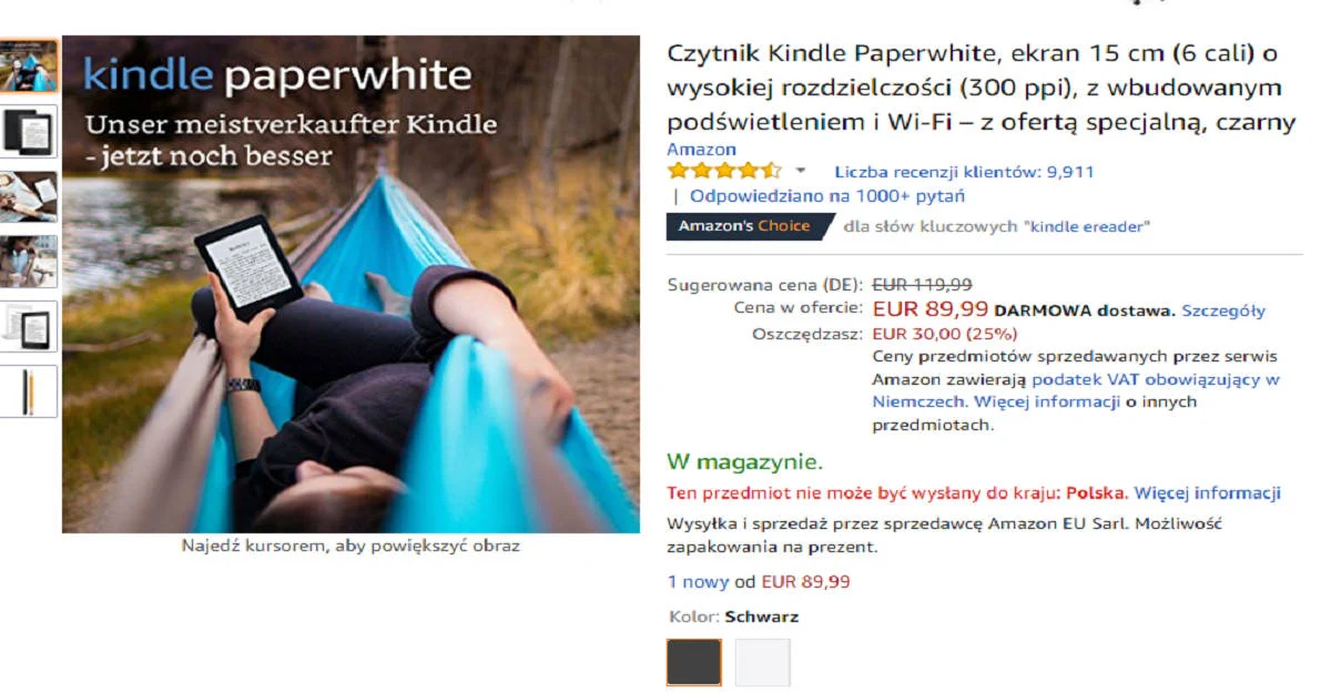 Kindle Paperwhite 23 tańszy o 30 euro w Amazon.de