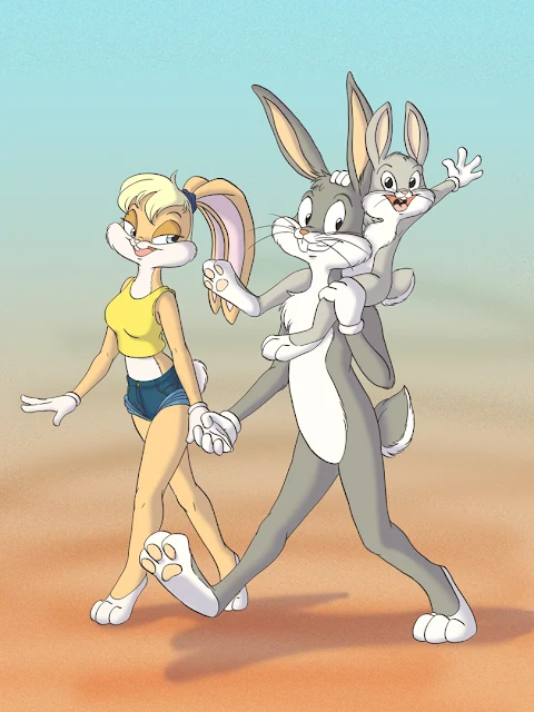 Lola Bunny y Bugs Bunny con bebé. 