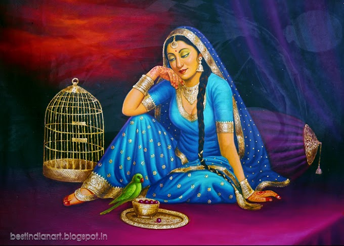 INDIAN LADY IN BLUE BLOUSE AND SKIRT WITH HER PARROT CUTE PAINTING