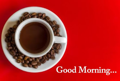 Coffee beans, coffee cup on red background with good morning message