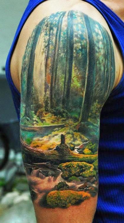 Colorful Forest Tattoo Designs, Tattoo Of Colorful Forest, Colorful Forest Tattoos, Men Sleeve Colorful Forests Designs, Men, Parts, Artist,