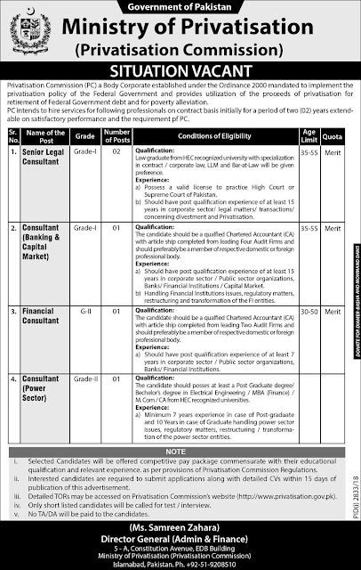Jobs Vacancies In Ministry Of Privatisation Govt Of Pakistan 25 Dec 2018