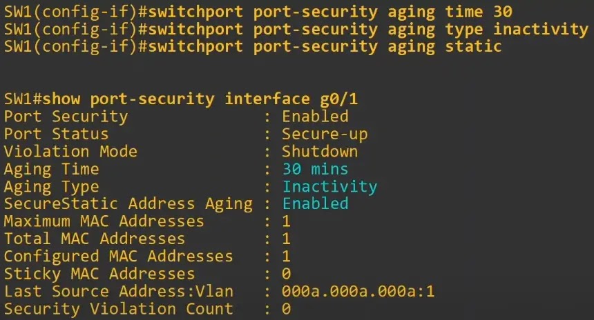 port security aging time type inactivity configuration