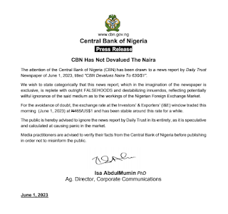 Breaking: CBN Has Not Devalued The Naira Check Post Source From CBN