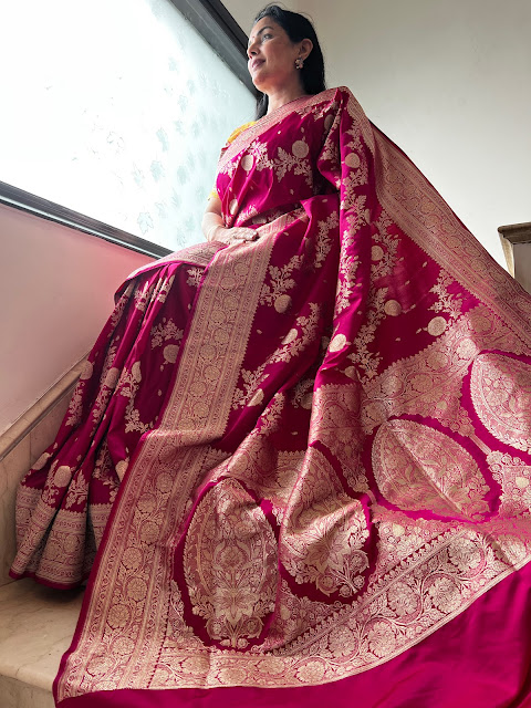 Unraveling the Enchanting Hot Pink Mushroom Silk Saree with a Vintage Jaal