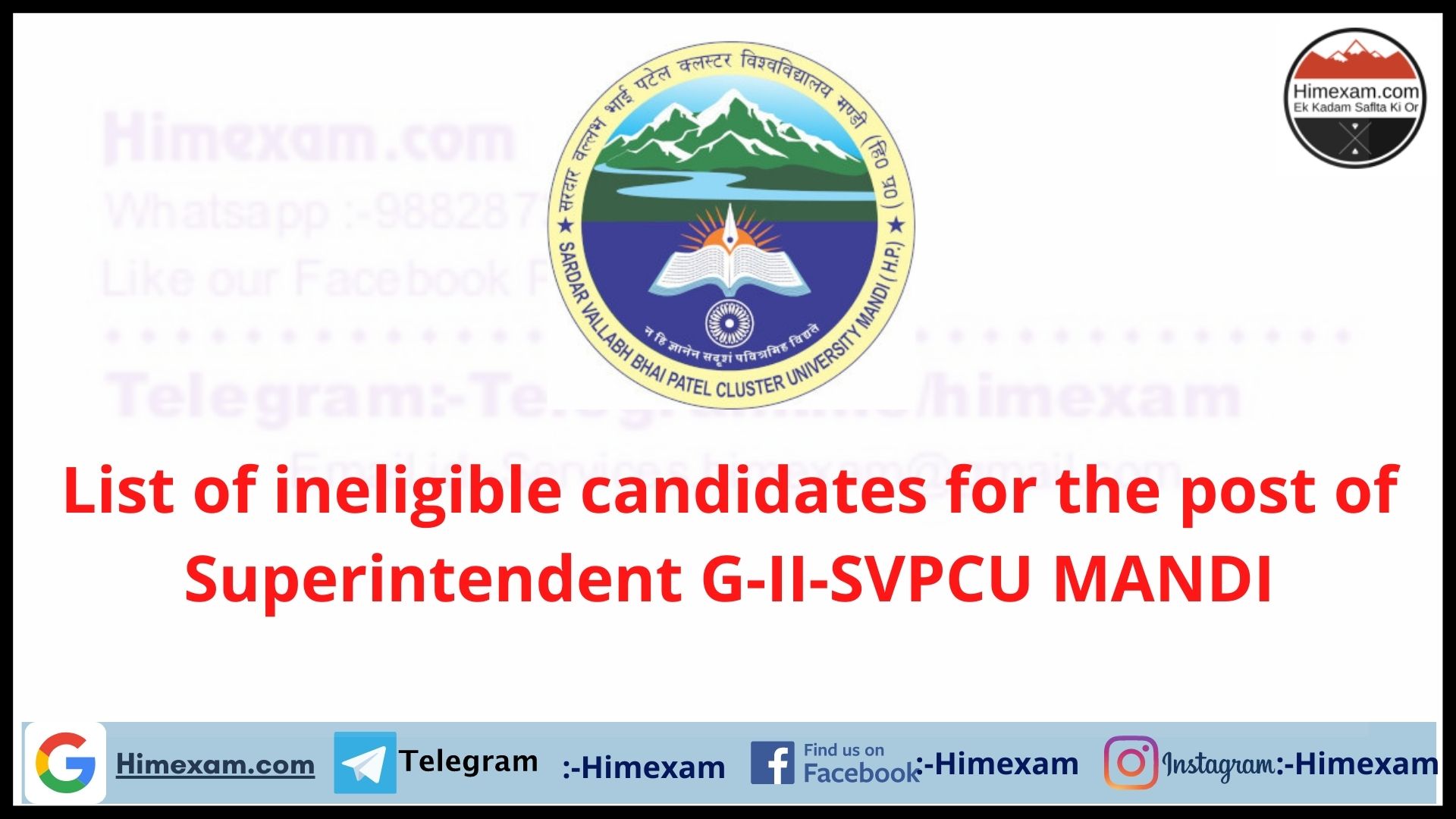 List of ineligible candidates for the post of Superintendent G-II-SVPCU MANDI