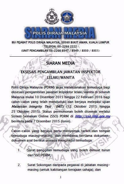 Temuduga Terbuka di Polis Diraja Malaysia (PDRM) - 22 Feb 