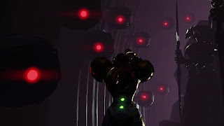 Samus facing a number of dark orbs with a red eye next to a Chozo Warrior statue