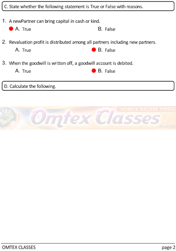 Accounts Test No. 3. Class: 12th Standard Maharashtra Chapter 3: Reconstitution of Partnership (Admission of Partner)