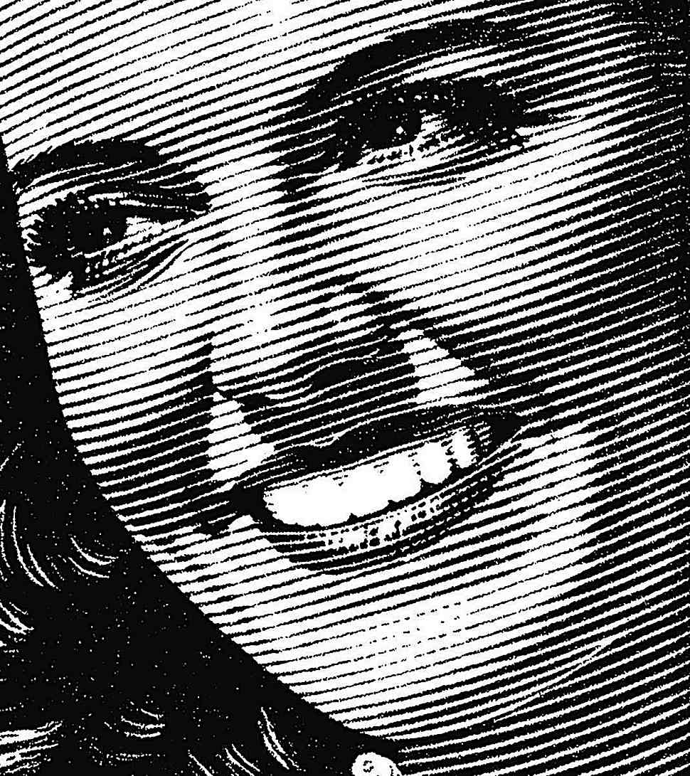 a 1949 scratchboard illustration of a smiling woman, British scraperboard