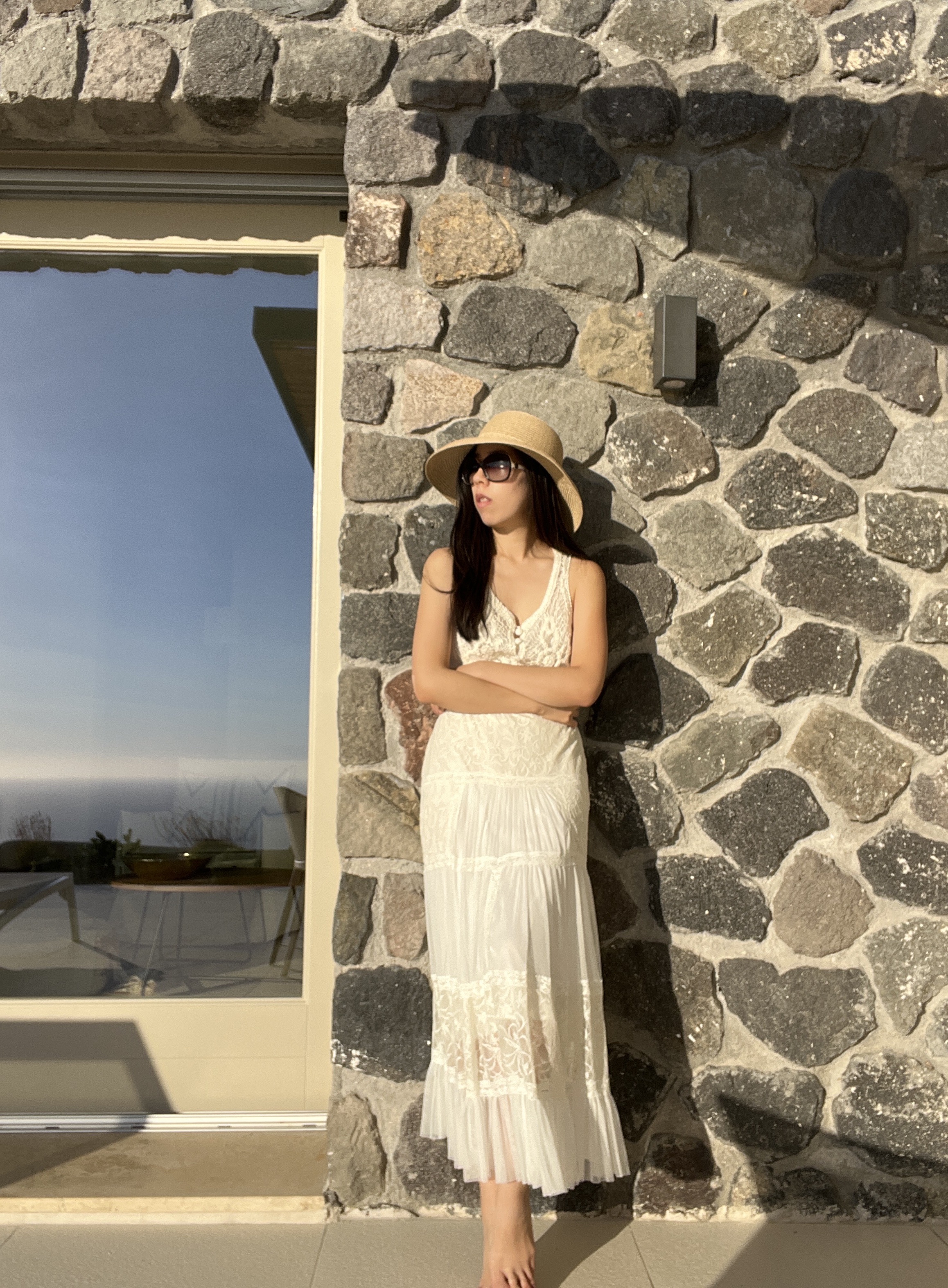 What to Wear to Santorini_White Linen Crochet Lace Dress_Outfit Inspiration to the Greek IslandsAdrienne Nguyen_Santorini Outfits_Vacation Look_Imerovigli, Santorini: Mardanza Exclusive Deluxe Private Villa with Pool and Sea View