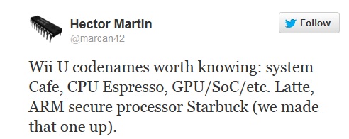 Wii U CPU is "Espresso," GPU is "Latte"