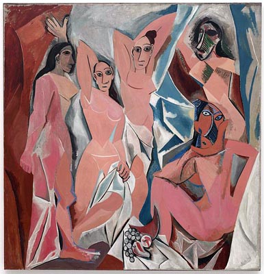 dreamlike image of five women, some with seemingly-mismatched heads (two are wearing masks), and all nude