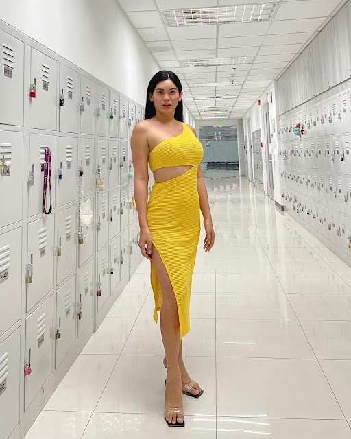 Jill Daza-Orcine – Most Beautiful Filipina Transgender Woman in Yellow Cut Out Midi Dress