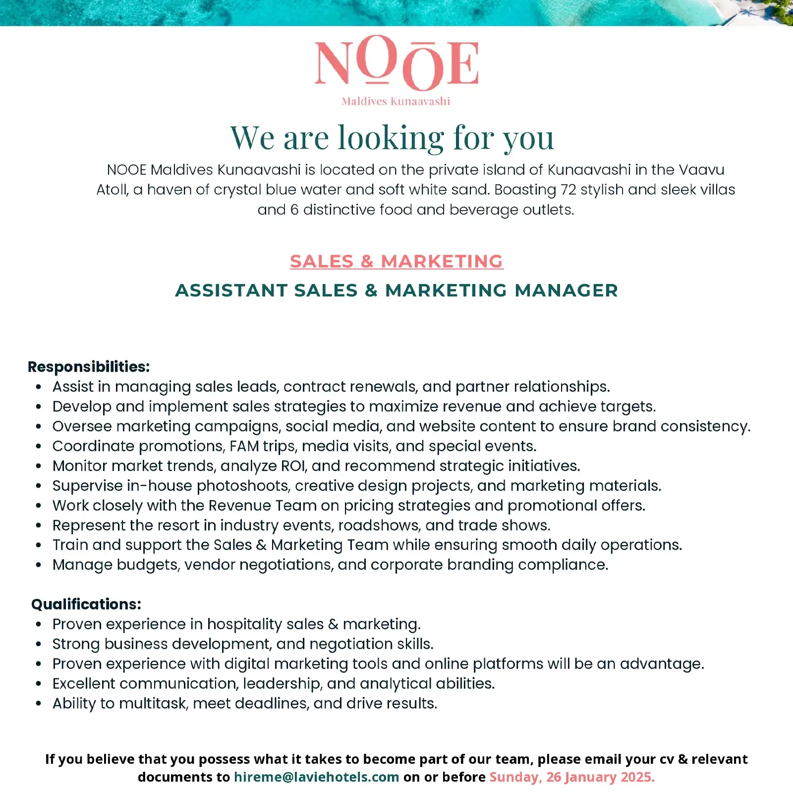 image of Assistant Sales & Marketing Manager Job Vacancy at NOOE Maldives Kunaavashi job advert