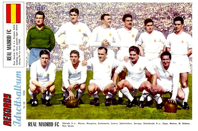 REAL MADRID C. F. Temporada 1957-58. Juan Alonso, Marquitos, Santamaría, Rafa Lesmes, Santisteban, Zárraga; Kopa, Mateos, Di Stéfano, Rial y Gento. CLUB ATLÉTICO DE MADRID 1 REAL MADRID C. F. 1. 27/04/1958. Campeonato de Liga de 1ª División, jornada 29. Madrid, estadio Metropolitano. GOLES: 1-0: 38’, Hollaus. 1-1: 76’, Rial.