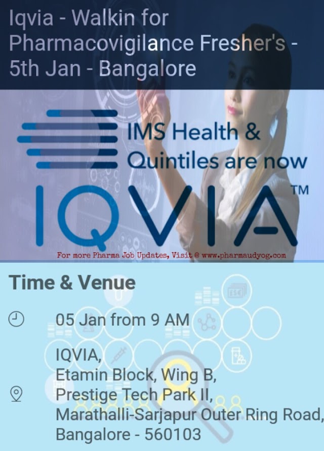 IQVIA | Walk-In for MSc Freshers | 5th Jan 2019 | Bangalore