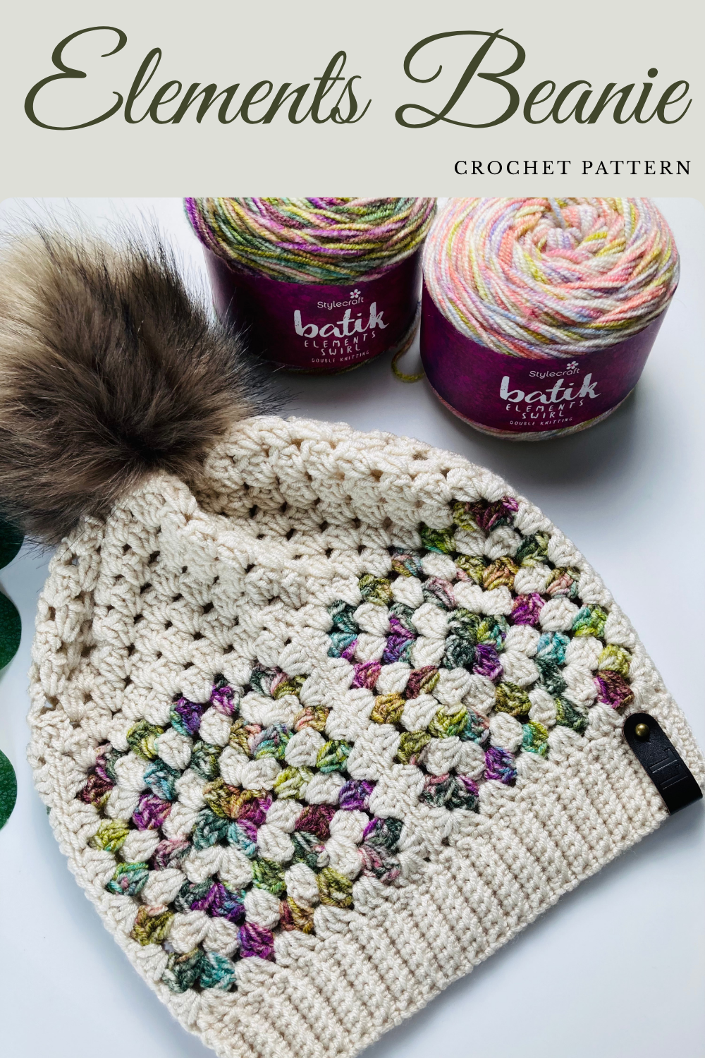 a pinterest pin showing a crochet granny square beanie pattern by lullaby lodge