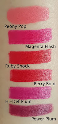 Avon mark. The Bold Lipstick swatches - Peony Pop, Magenta Flash, Ruby Shock, Berry Bold, Hi-Def Plum and Power Plum