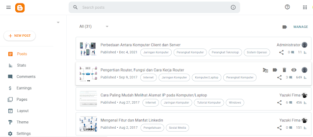 Menu-menu pada Dashboard Blogger dan Kegunaannya