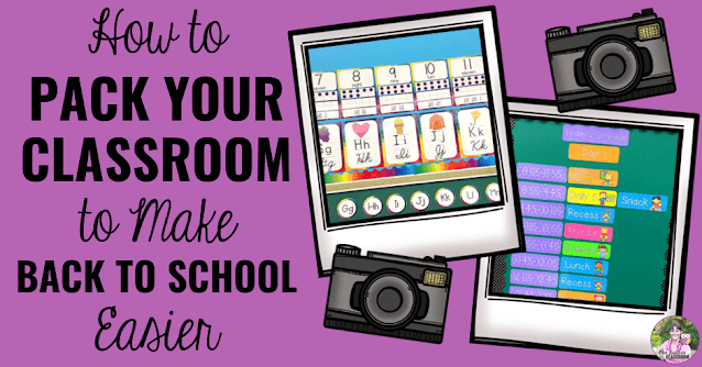 Photos of classroom displays with text, "How to pack your classroom to make back to school easier."