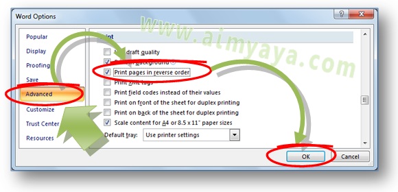 Gambar: Cara melakukan print / mencetak mulai dari halaman belakang menuju ke halaman depan  di Microsoft Word 2007