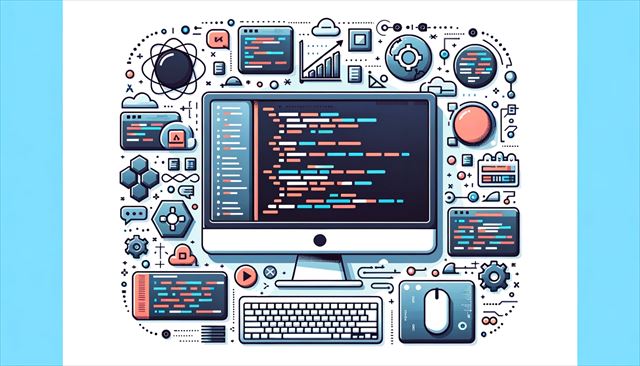 Illustration of a modern computer display set horizontally, presenting a structured programming environment with code snippets. Surrounding the screen are tech-inspired design elements and programming icons.