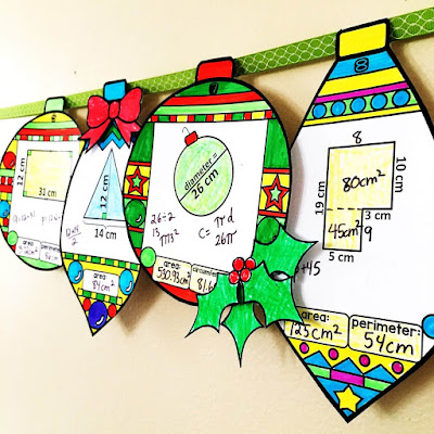 Finding area and perimeter of rectangles, squares, circles, triangles and composite figures holiday ornament activity