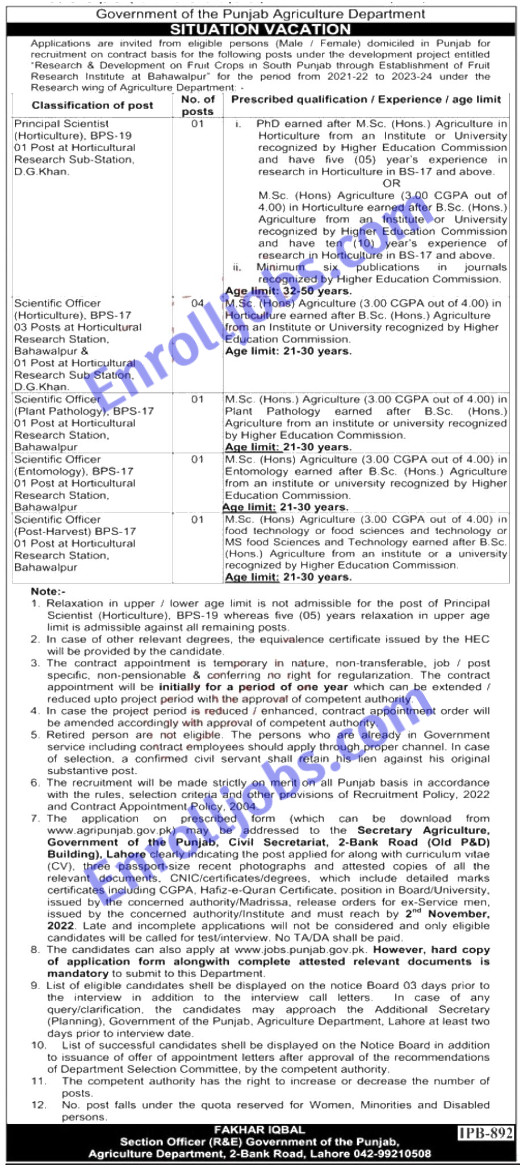 Advertisement Department of Agriculture Punjab Jobs online apply 2022