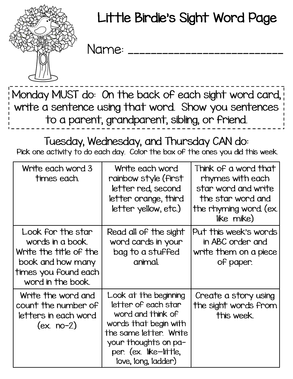 Sight word homework kindergarten