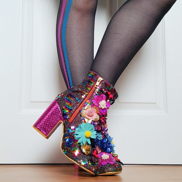 wearing flower ankle boots with coloured sequins and lurex fabric